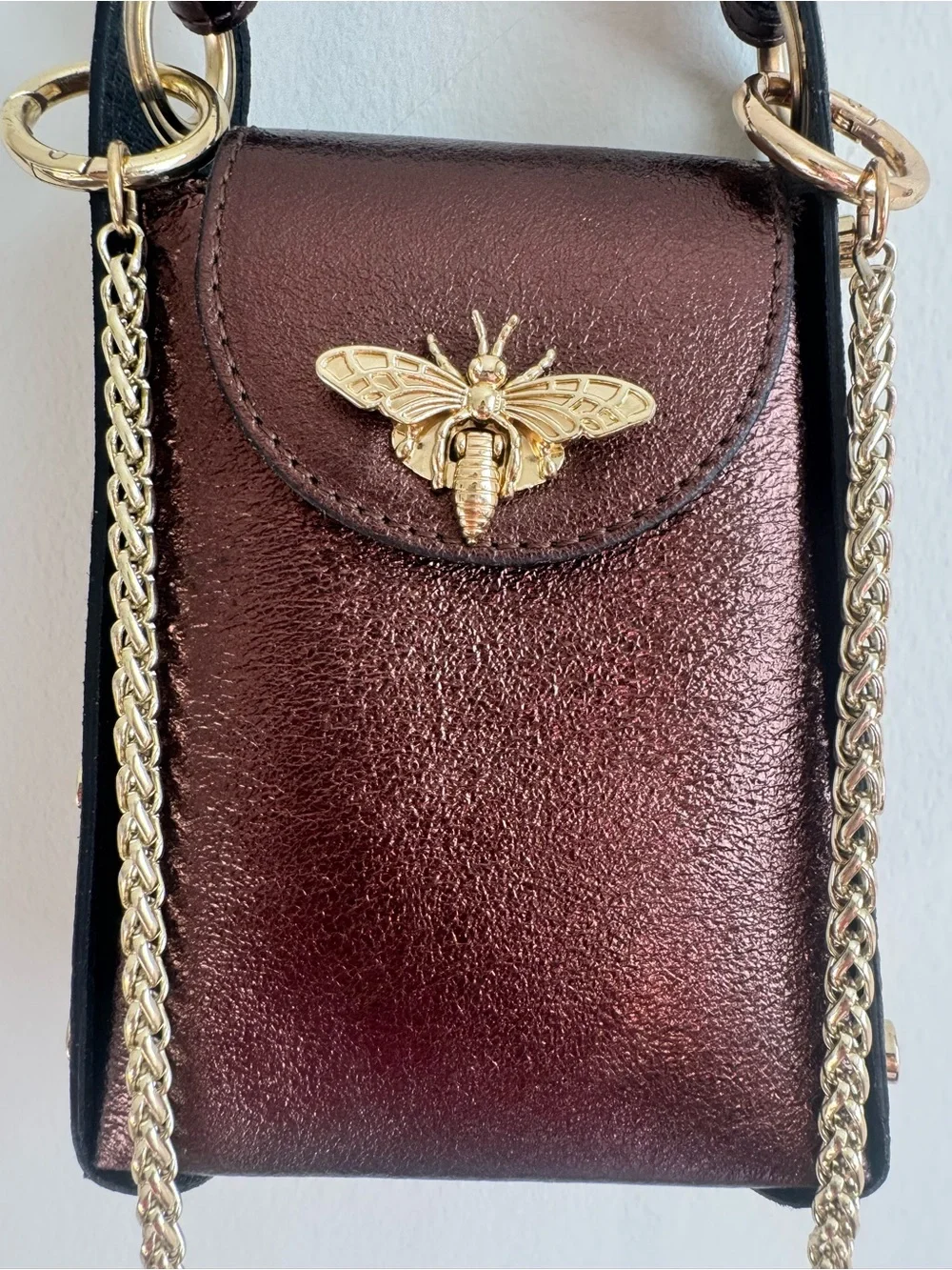 Vera Pelle Metallic Bronze Leather Bee Phone Crossbody Bag Made in Italy